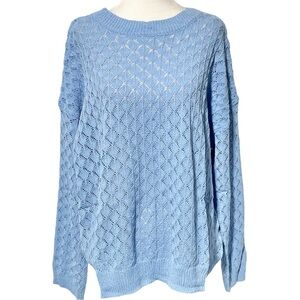 New Anniewear Pointelle Knit Crewneck Long Sleeve Sweater Ocean Blue Size XL